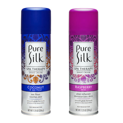 PURE SILK PACK ESPUMAS DE AFEITAR FEMENINAS COCO AVENA Y RASPBERRY MIST