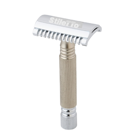 STILETTO SST02 MAQUINA DE AFEITAR DOBLE HOJA DE 3 PIEZAS-PEINE ABIERTO-plata mate